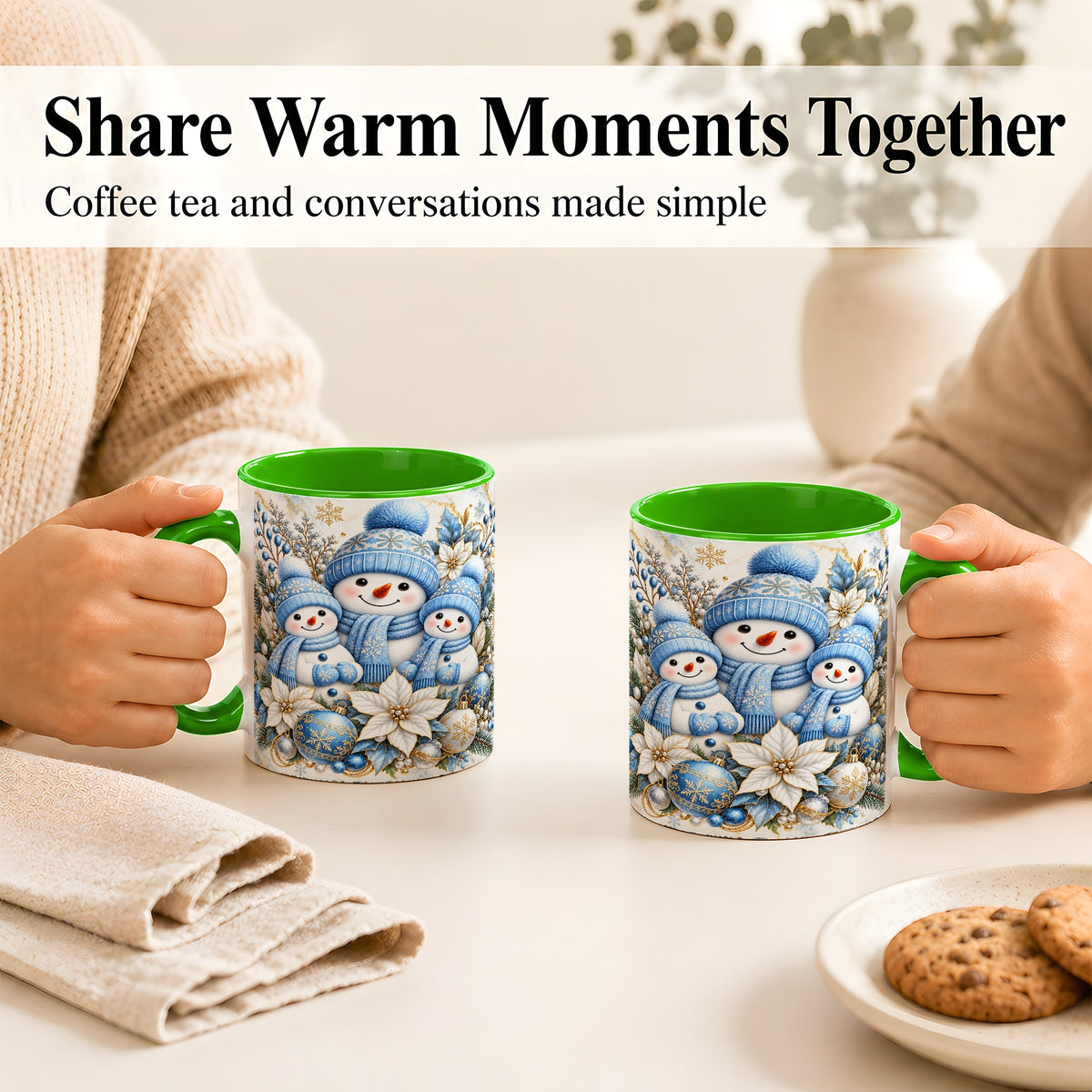 #pl[11oz|Green] Snowman Family Coffee Mug, Blue Gold Winter Snowman Mug, Ceramic Cup
