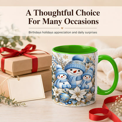 #pl[11oz|Green] Snowman Family Coffee Mug, Blue Gold Winter Snowman Mug, Ceramic Cup