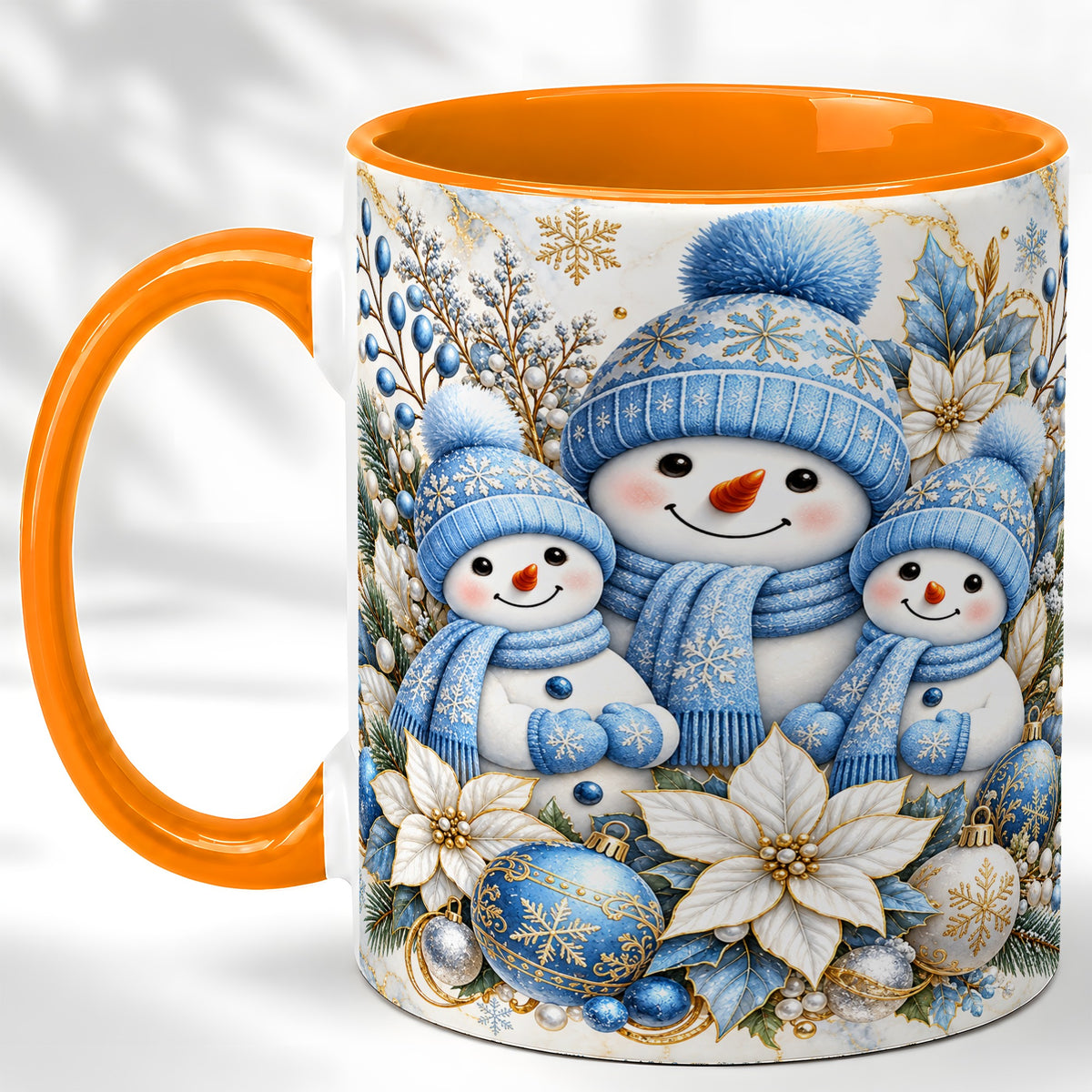 #pl[11oz|Orange] Snowman Family Coffee Mug, Blue Gold Winter Snowman Mug, Ceramic Cup