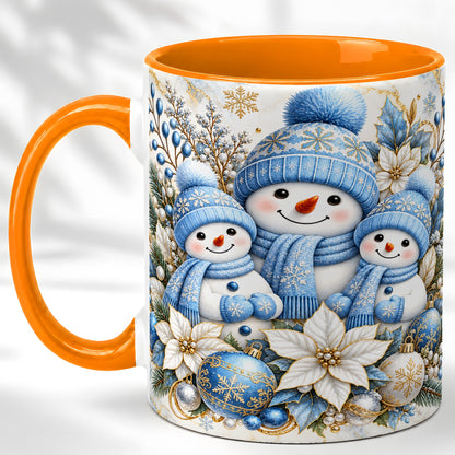 #pl[11oz|Orange] Snowman Family Coffee Mug, Blue Gold Winter Snowman Mug, Ceramic Cup