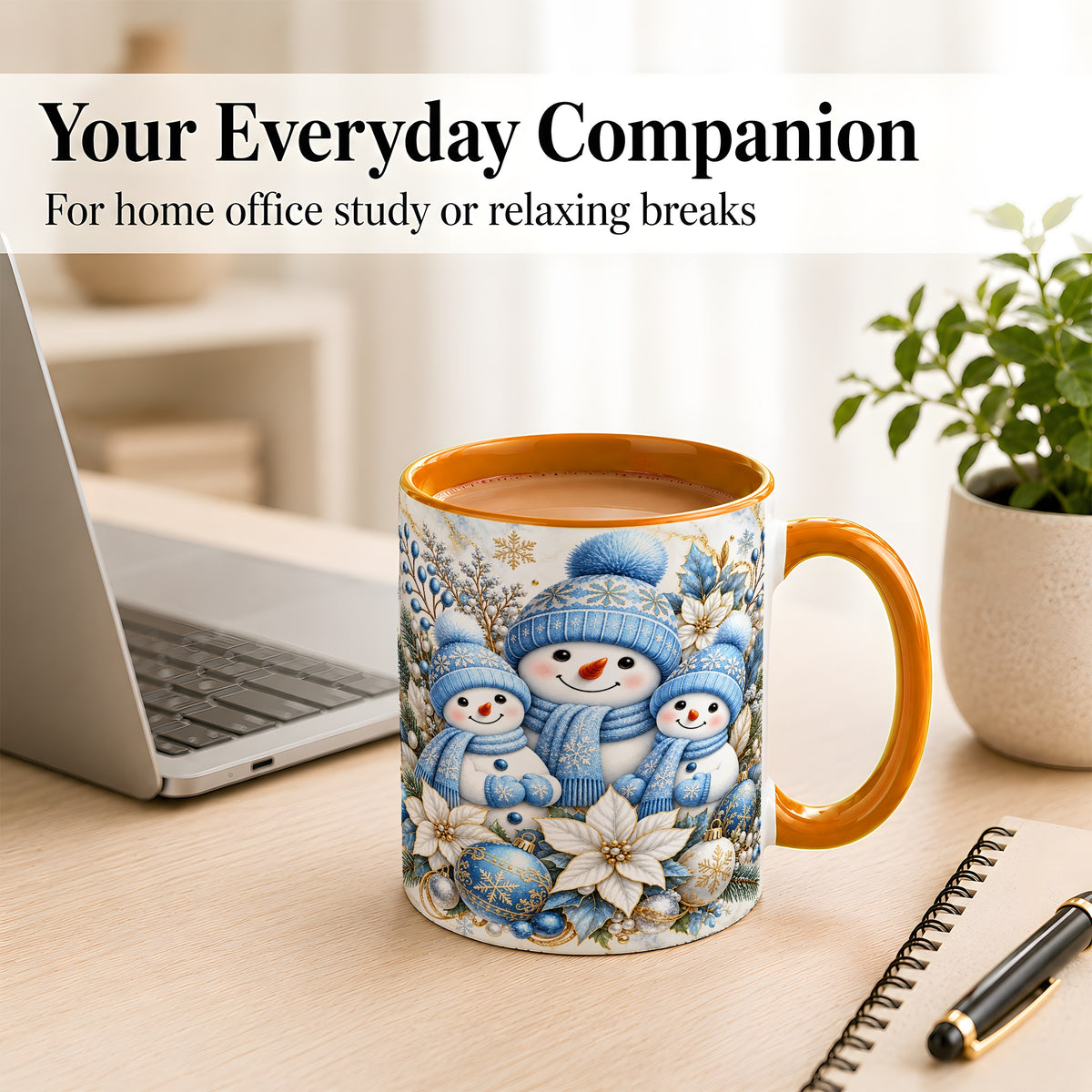 #pl[11oz|Orange] Snowman Family Coffee Mug, Blue Gold Winter Snowman Mug, Ceramic Cup