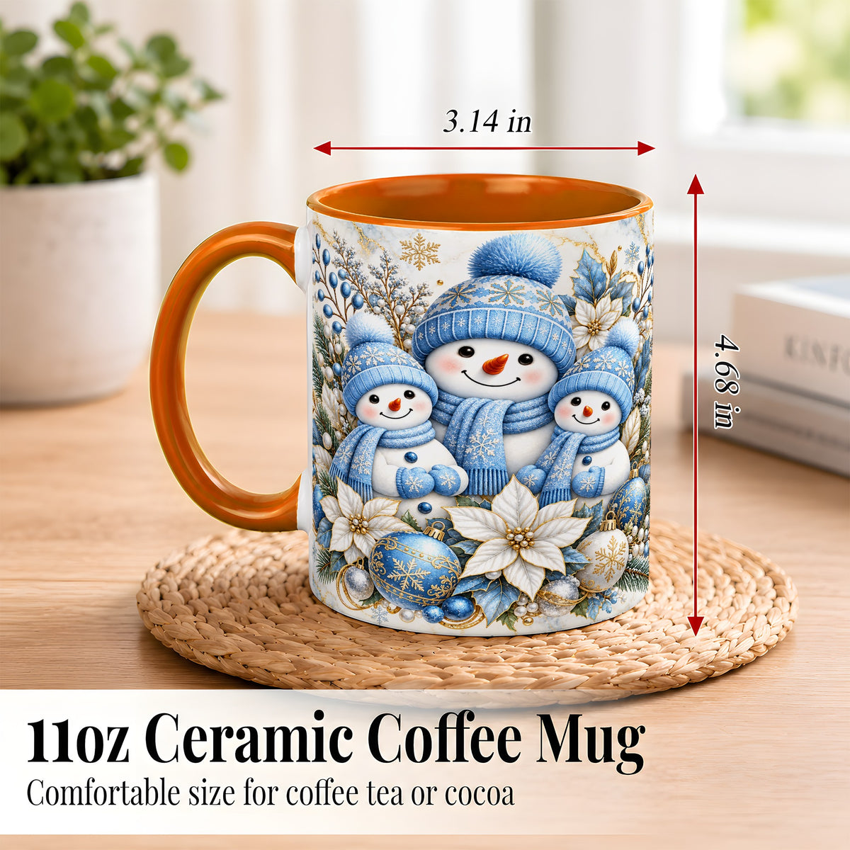#pl[11oz|Orange] Snowman Family Coffee Mug, Blue Gold Winter Snowman Mug, Ceramic Cup