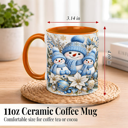 #pl[11oz|Orange] Snowman Family Coffee Mug, Blue Gold Winter Snowman Mug, Ceramic Cup