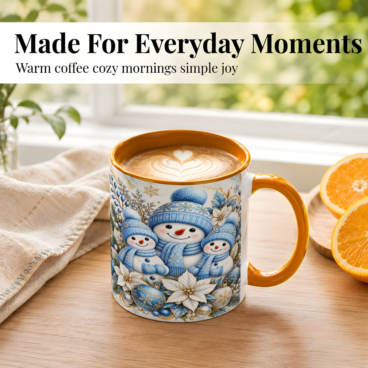 #pl[11oz|Orange] Snowman Family Coffee Mug, Blue Gold Winter Snowman Mug, Ceramic Cup