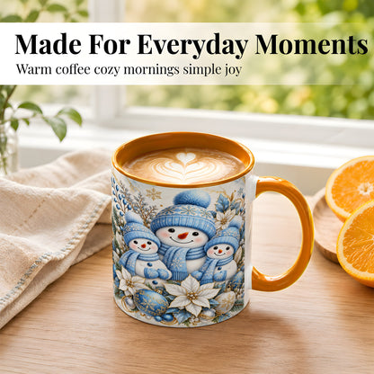 #pl[11oz|Orange] Snowman Family Coffee Mug, Blue Gold Winter Snowman Mug, Ceramic Cup