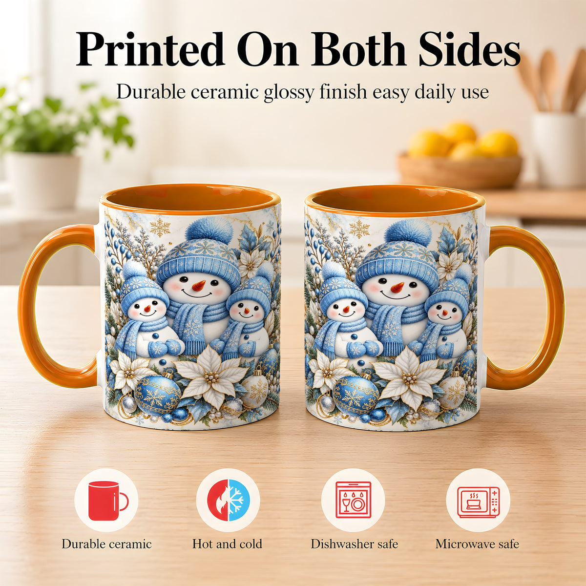 #pl[11oz|Orange] Snowman Family Coffee Mug, Blue Gold Winter Snowman Mug, Ceramic Cup