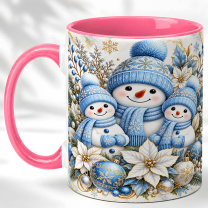 #pl[11oz|Pink] Snowman Family Coffee Mug, Blue Gold Winter Snowman Mug, Ceramic Cup
