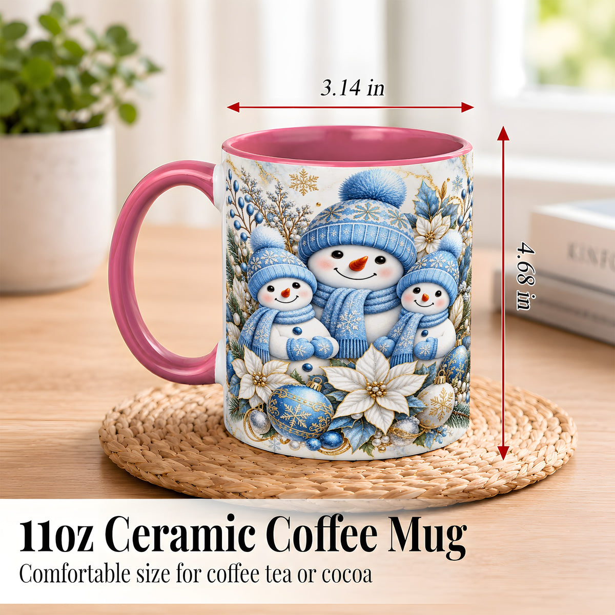 #pl[11oz|Pink] Snowman Family Coffee Mug, Blue Gold Winter Snowman Mug, Ceramic Cup