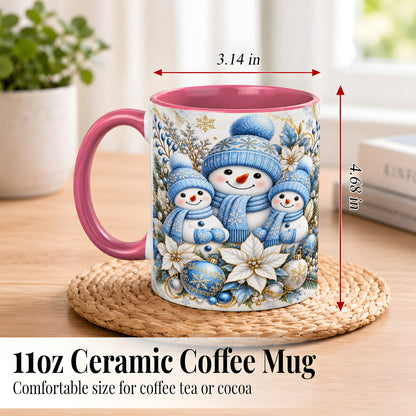 #pl[11oz|Pink] Snowman Family Coffee Mug, Blue Gold Winter Snowman Mug, Ceramic Cup
