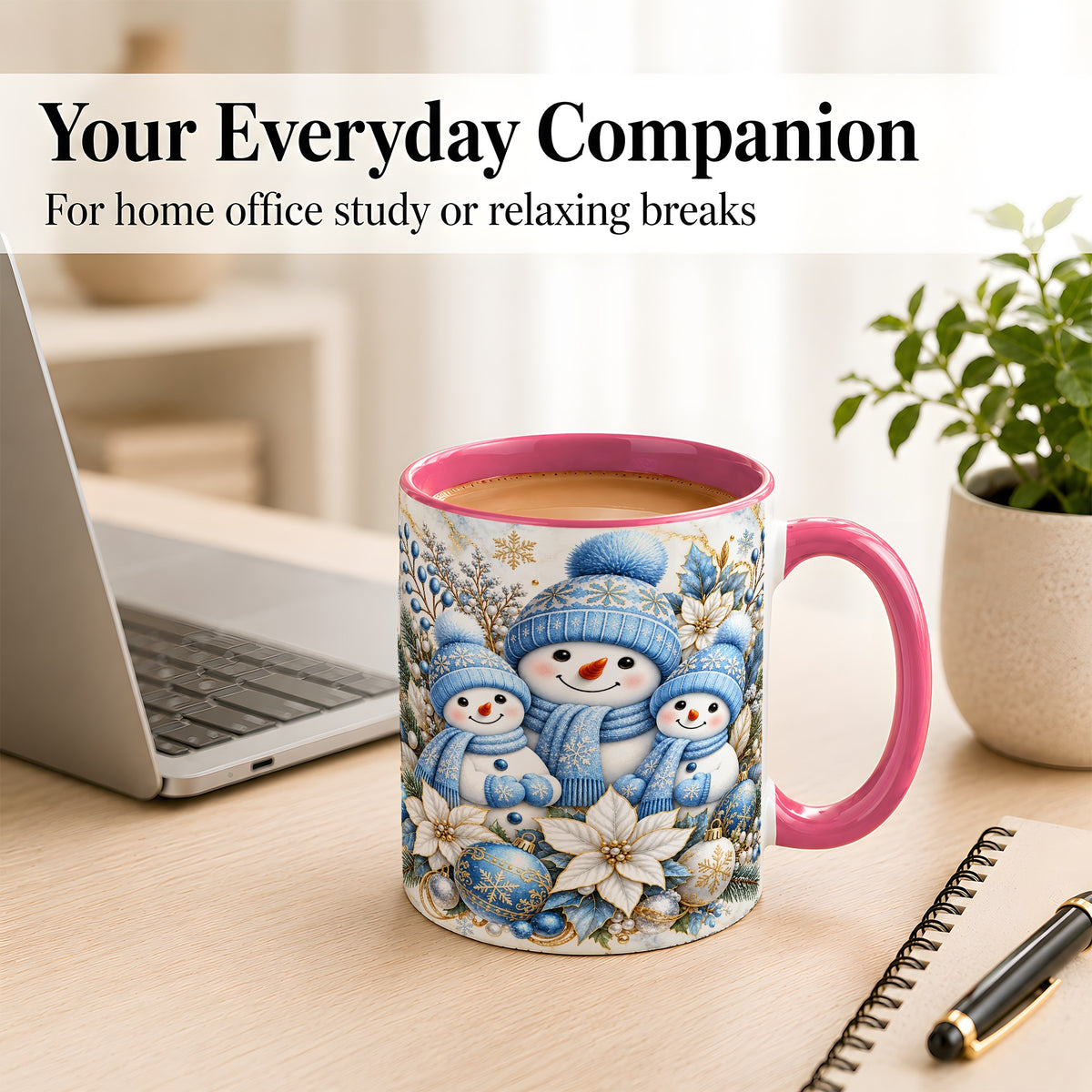#pl[11oz|Pink] Snowman Family Coffee Mug, Blue Gold Winter Snowman Mug, Ceramic Cup