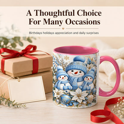 #pl[11oz|Pink] Snowman Family Coffee Mug, Blue Gold Winter Snowman Mug, Ceramic Cup