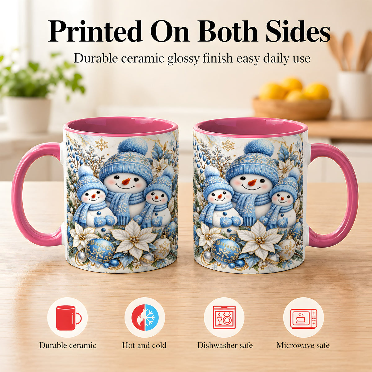 #pl[11oz|Pink] Snowman Family Coffee Mug, Blue Gold Winter Snowman Mug, Ceramic Cup