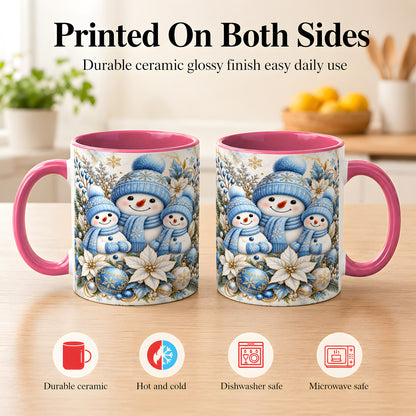 #pl[11oz|Pink] Snowman Family Coffee Mug, Blue Gold Winter Snowman Mug, Ceramic Cup