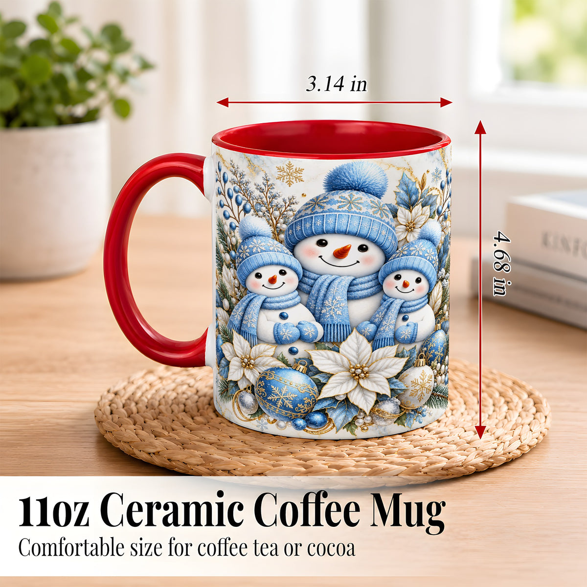 #pl[11oz|Red] Snowman Family Coffee Mug, Blue Gold Winter Snowman Mug, Ceramic Cup