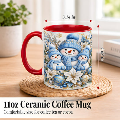 #pl[11oz|Red] Snowman Family Coffee Mug, Blue Gold Winter Snowman Mug, Ceramic Cup