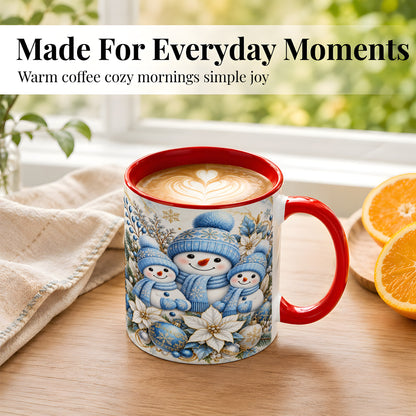 #pl[11oz|Red] Snowman Family Coffee Mug, Blue Gold Winter Snowman Mug, Ceramic Cup