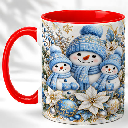 Snowman Family Coffee Mug, Blue Gold Winter Snowman Mug, Ceramic Cup
