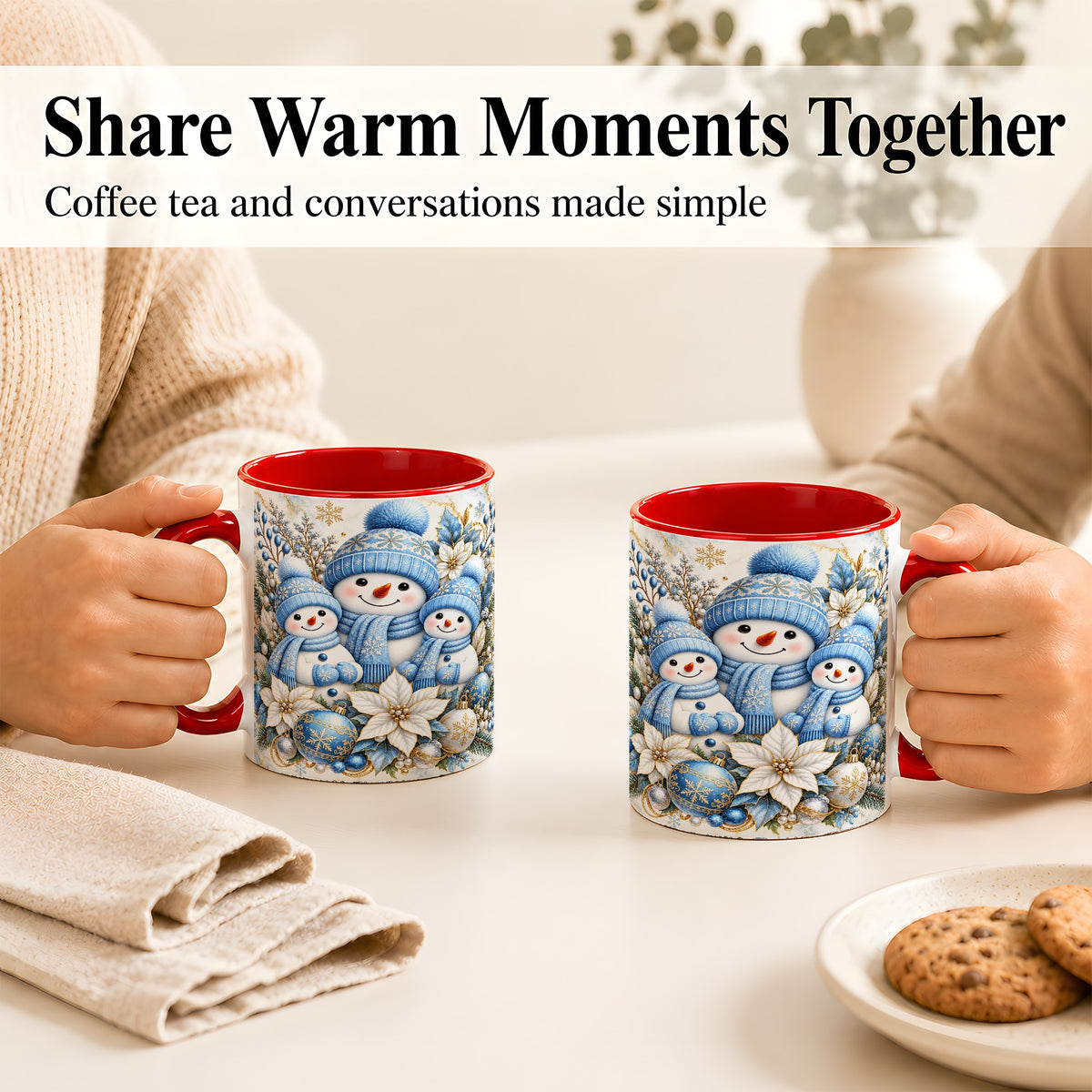 #pl[11oz|Red] Snowman Family Coffee Mug, Blue Gold Winter Snowman Mug, Ceramic Cup