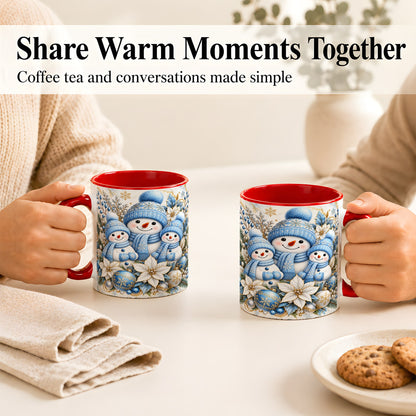 #pl[11oz|Red] Snowman Family Coffee Mug, Blue Gold Winter Snowman Mug, Ceramic Cup