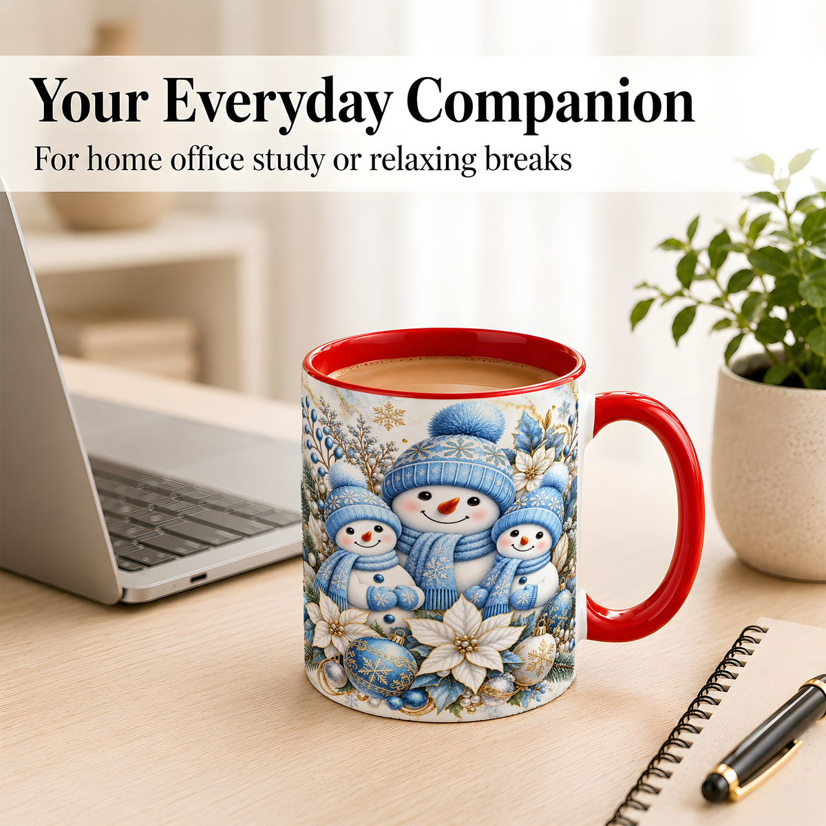 #pl[11oz|Red] Snowman Family Coffee Mug, Blue Gold Winter Snowman Mug, Ceramic Cup