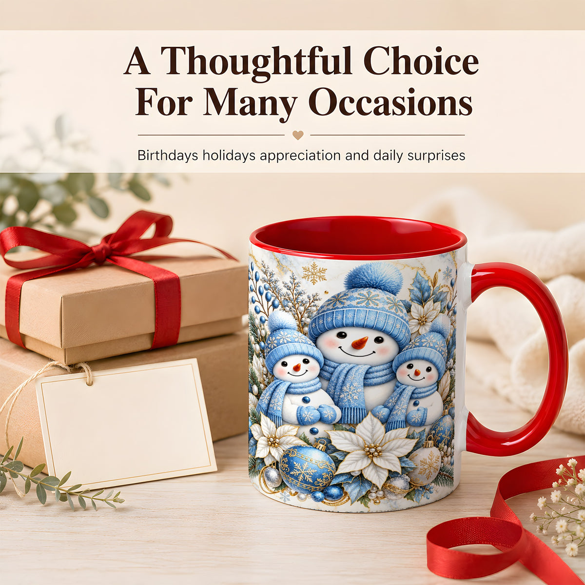 #pl[11oz|Red] Snowman Family Coffee Mug, Blue Gold Winter Snowman Mug, Ceramic Cup
