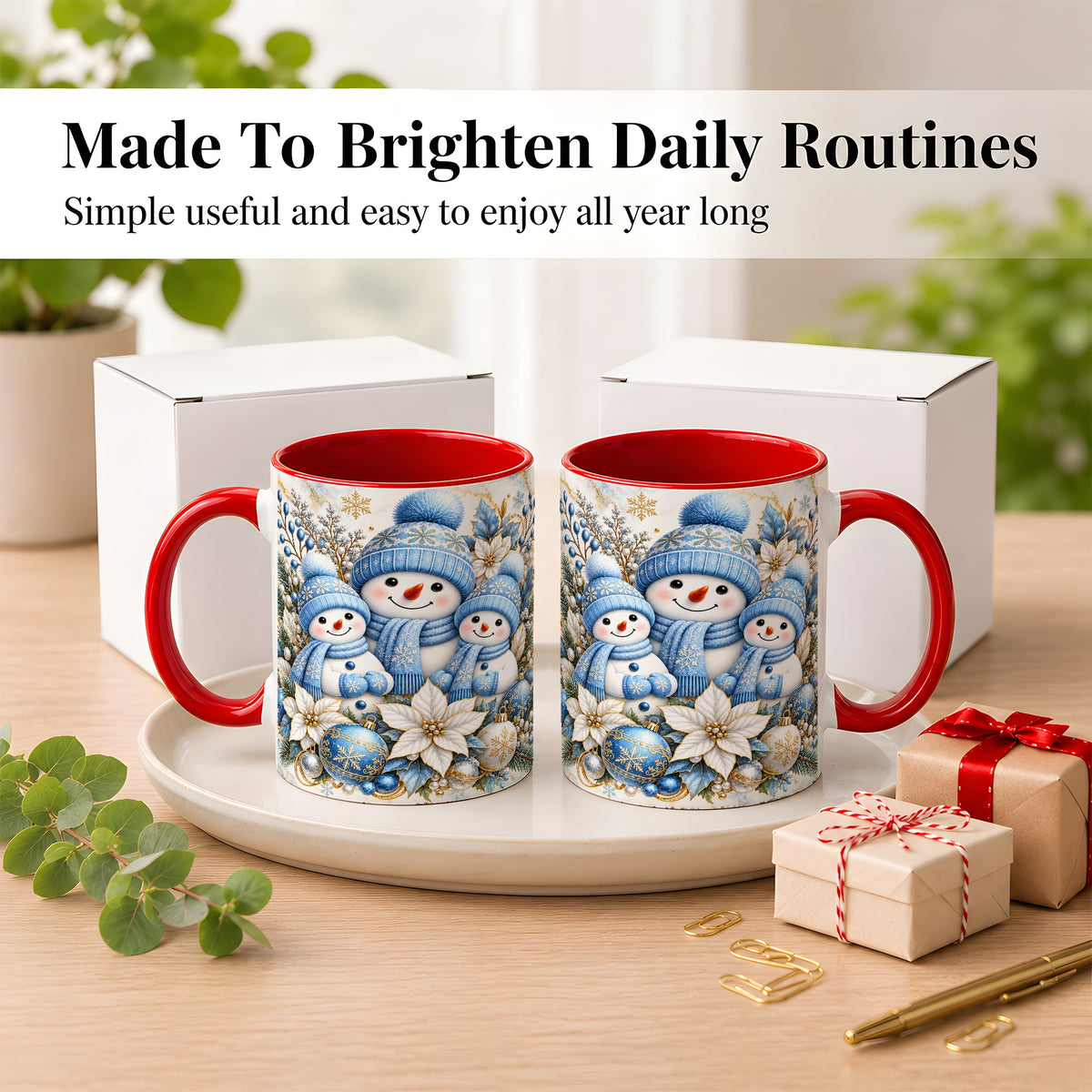 #pl[11oz|Red] Snowman Family Coffee Mug, Blue Gold Winter Snowman Mug, Ceramic Cup