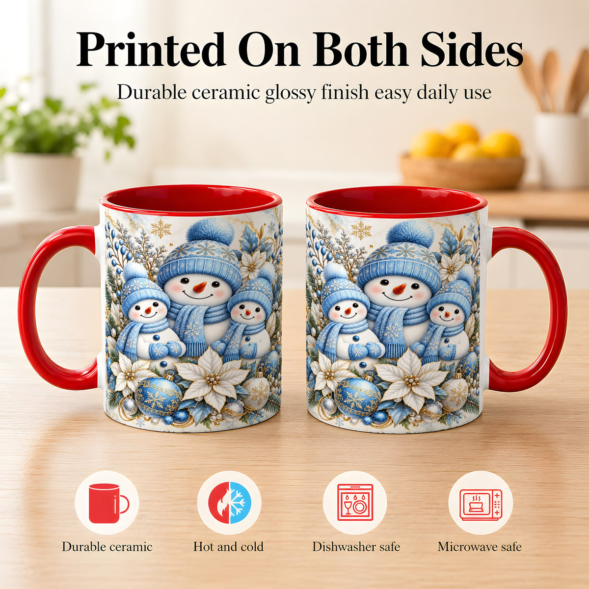 #pl[11oz|Red] Snowman Family Coffee Mug, Blue Gold Winter Snowman Mug, Ceramic Cup