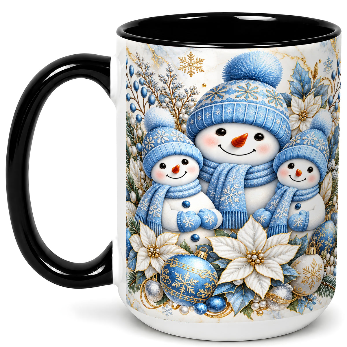 #pl[15oz|Black] Snowman Family Coffee Mug, Blue Gold Winter Snowman Mug, Ceramic Cup