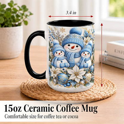#pl[15oz|Black] Snowman Family Coffee Mug, Blue Gold Winter Snowman Mug, Ceramic Cup