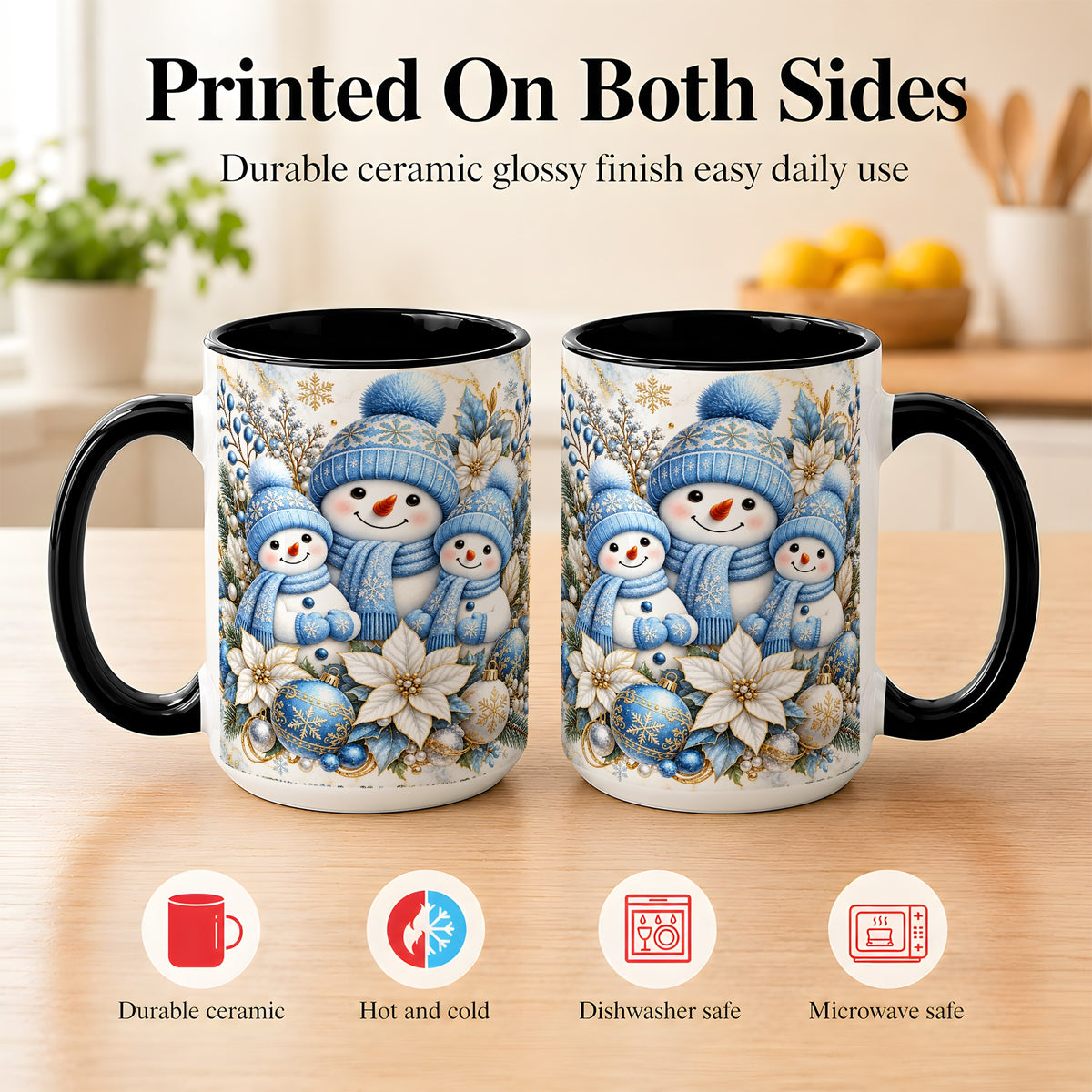 #pl[15oz|Black] Snowman Family Coffee Mug, Blue Gold Winter Snowman Mug, Ceramic Cup