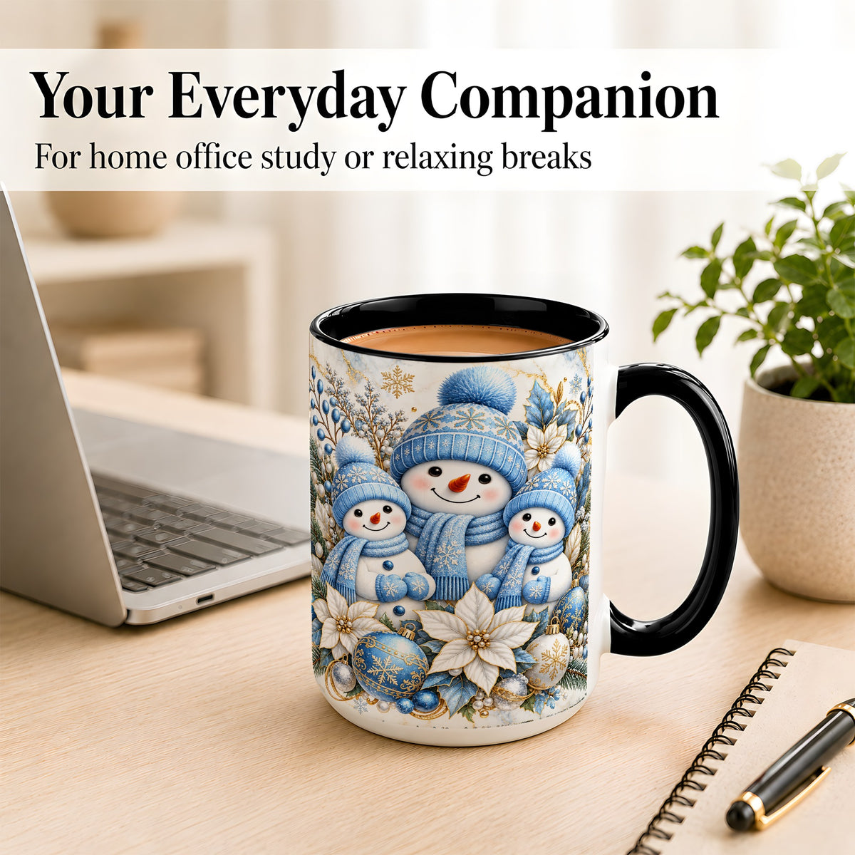 #pl[15oz|Black] Snowman Family Coffee Mug, Blue Gold Winter Snowman Mug, Ceramic Cup