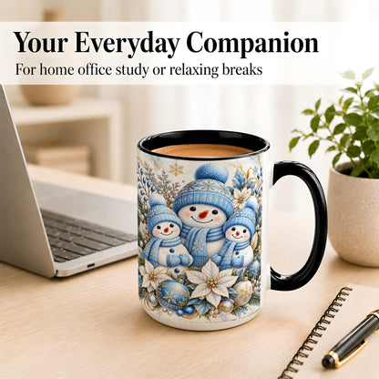#pl[15oz|Black] Snowman Family Coffee Mug, Blue Gold Winter Snowman Mug, Ceramic Cup