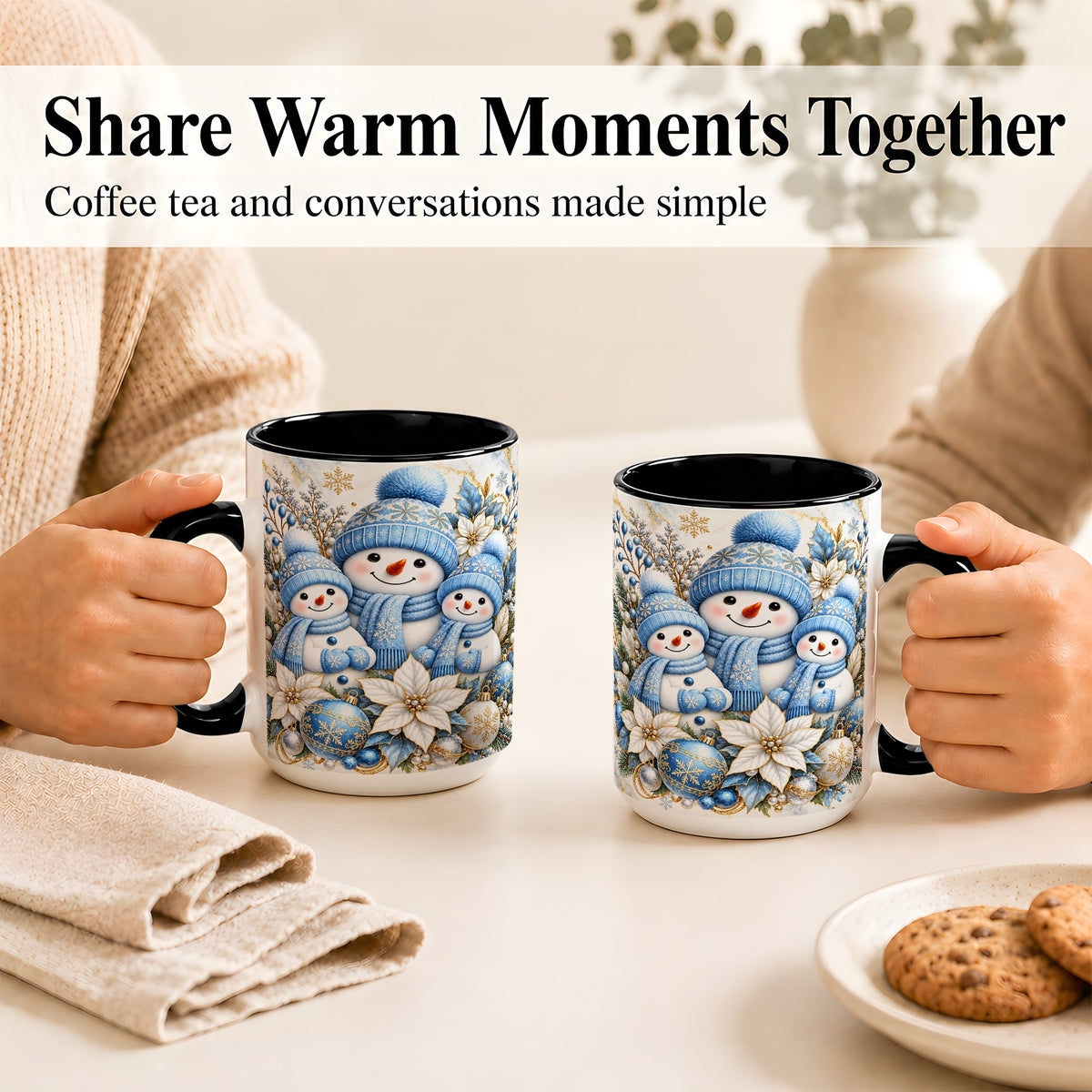 #pl[15oz|Black] Snowman Family Coffee Mug, Blue Gold Winter Snowman Mug, Ceramic Cup