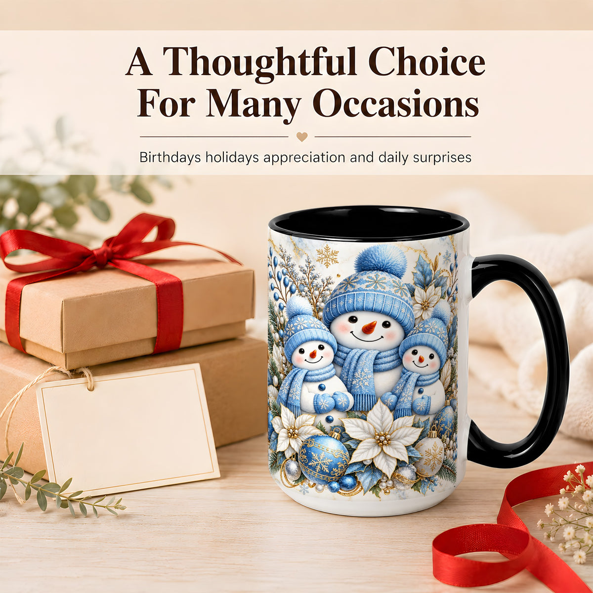 #pl[15oz|Black] Snowman Family Coffee Mug, Blue Gold Winter Snowman Mug, Ceramic Cup