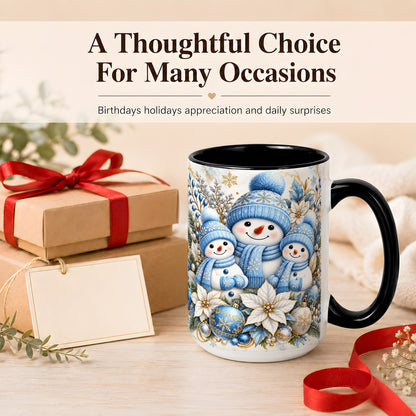 #pl[15oz|Black] Snowman Family Coffee Mug, Blue Gold Winter Snowman Mug, Ceramic Cup