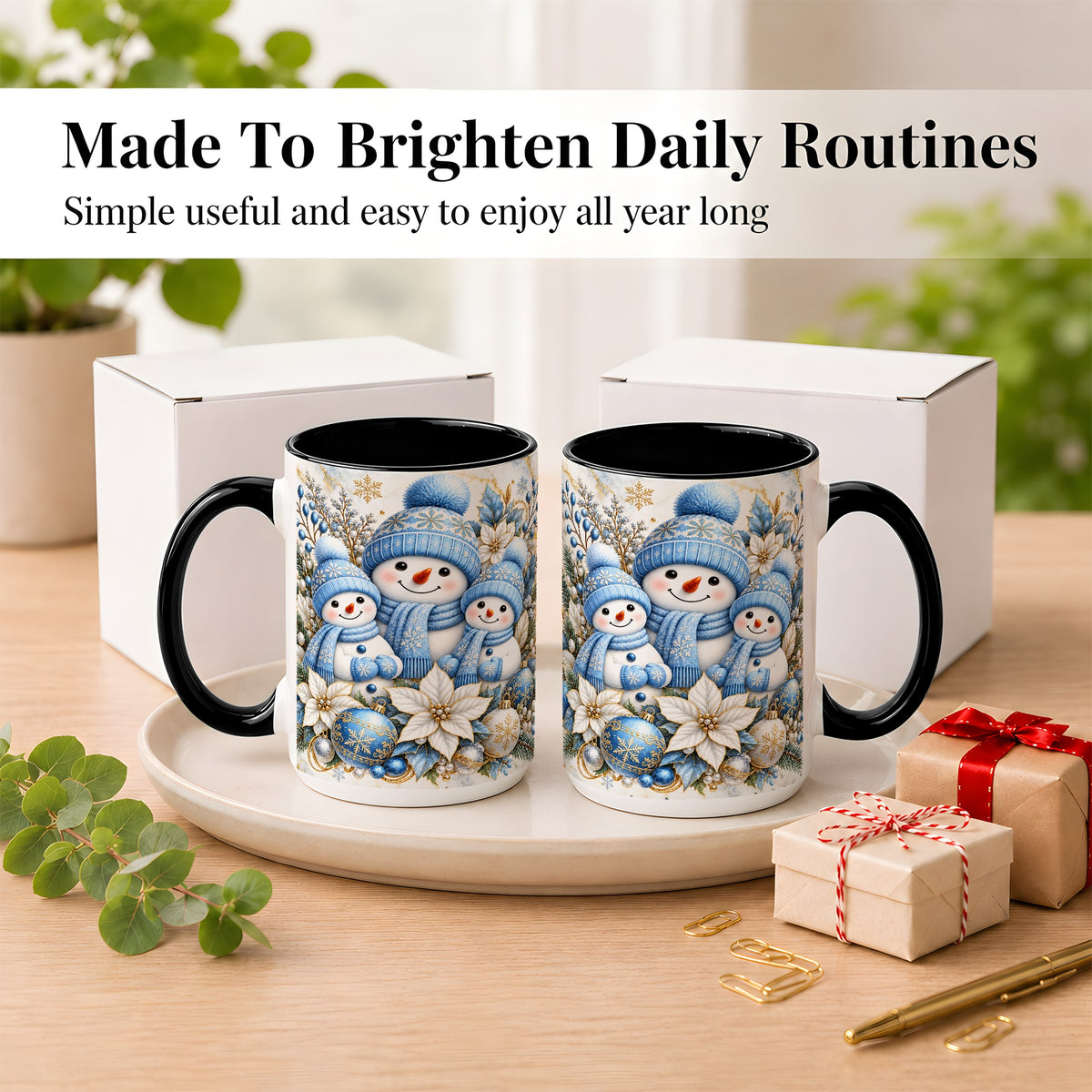#pl[15oz|Black] Snowman Family Coffee Mug, Blue Gold Winter Snowman Mug, Ceramic Cup
