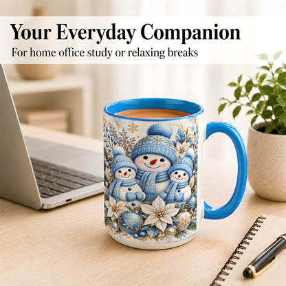 #pl[15oz|Blue] Snowman Family Coffee Mug, Blue Gold Winter Snowman Mug, Ceramic Cup