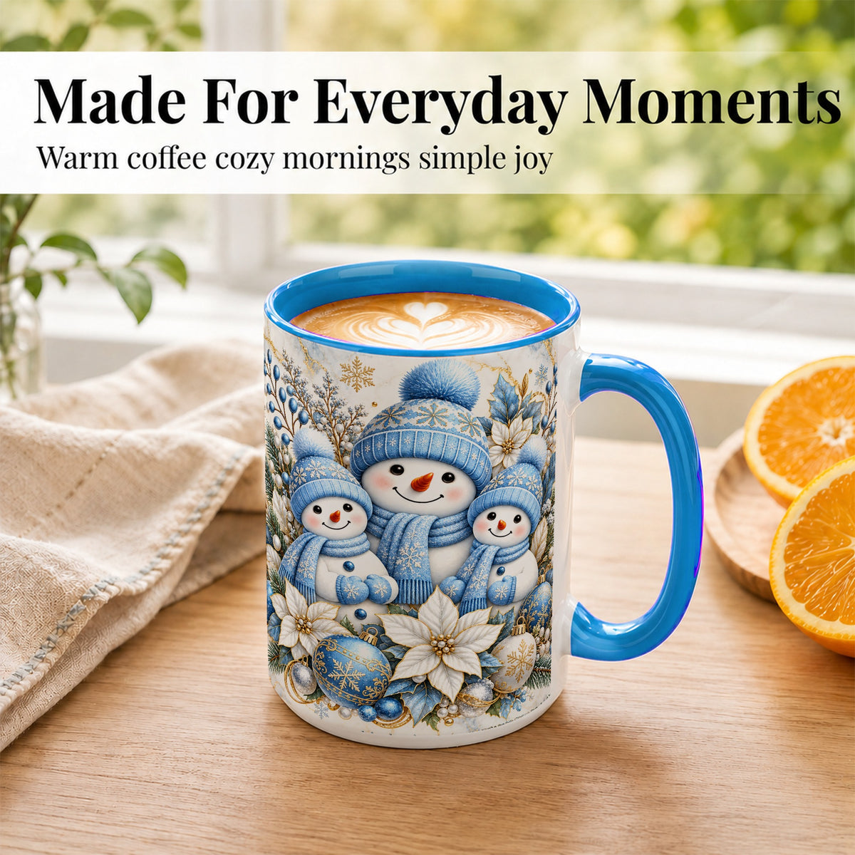 #pl[15oz|Blue] Snowman Family Coffee Mug, Blue Gold Winter Snowman Mug, Ceramic Cup