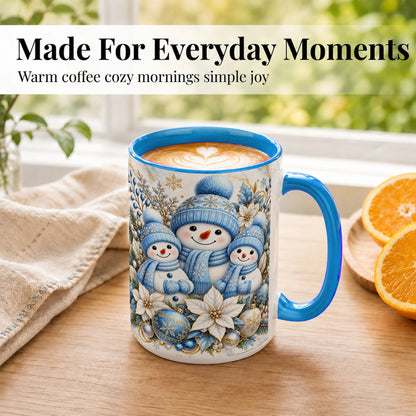 #pl[15oz|Blue] Snowman Family Coffee Mug, Blue Gold Winter Snowman Mug, Ceramic Cup