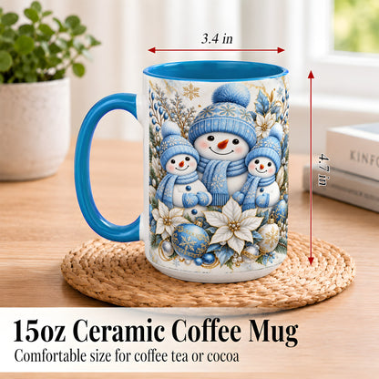 #pl[15oz|Blue] Snowman Family Coffee Mug, Blue Gold Winter Snowman Mug, Ceramic Cup