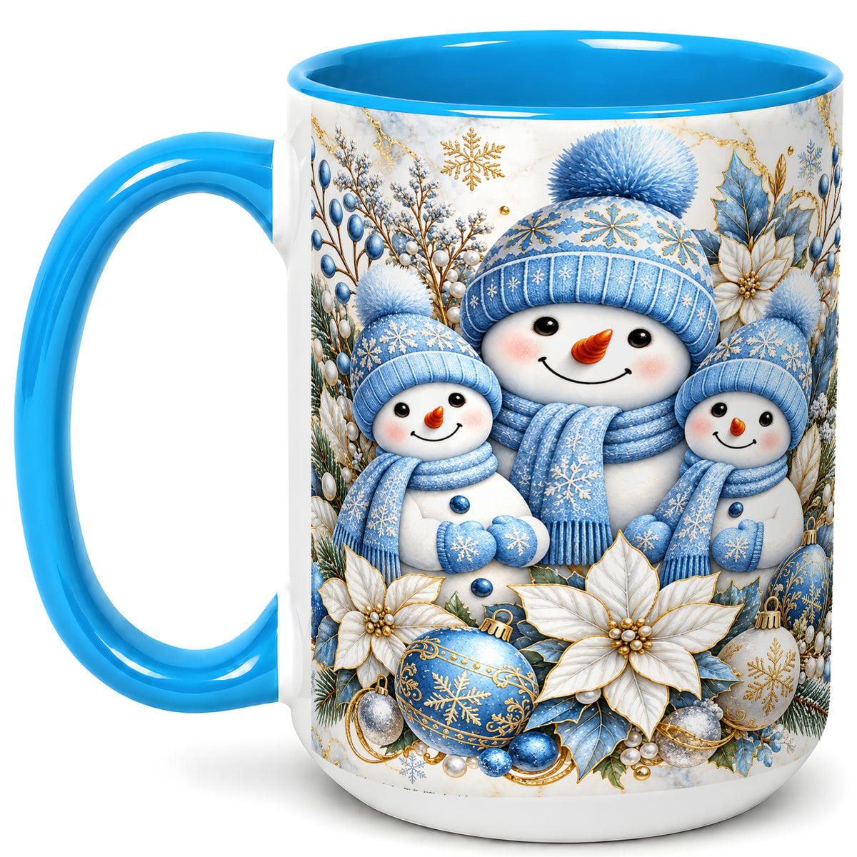 #pl[15oz|Blue] Snowman Family Coffee Mug, Blue Gold Winter Snowman Mug, Ceramic Cup
