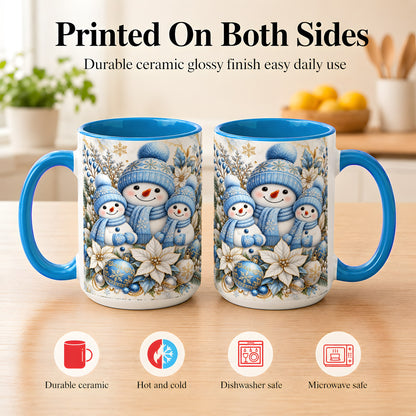 #pl[15oz|Blue] Snowman Family Coffee Mug, Blue Gold Winter Snowman Mug, Ceramic Cup
