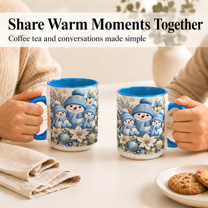 #pl[15oz|Blue] Snowman Family Coffee Mug, Blue Gold Winter Snowman Mug, Ceramic Cup