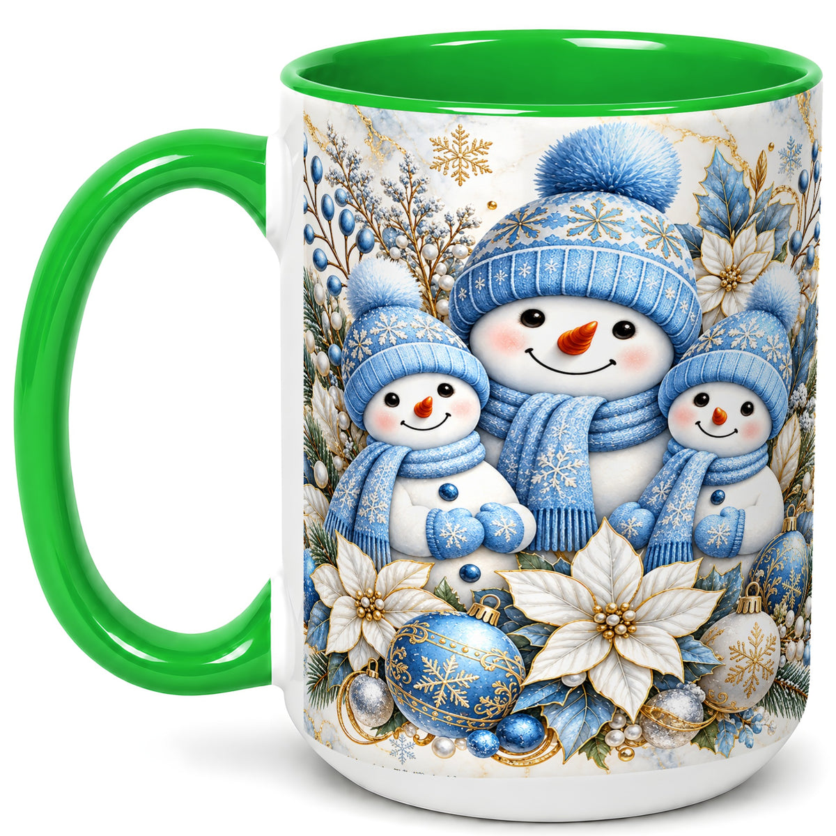 #pl[15oz|Green] Snowman Family Coffee Mug, Blue Gold Winter Snowman Mug, Ceramic Cup