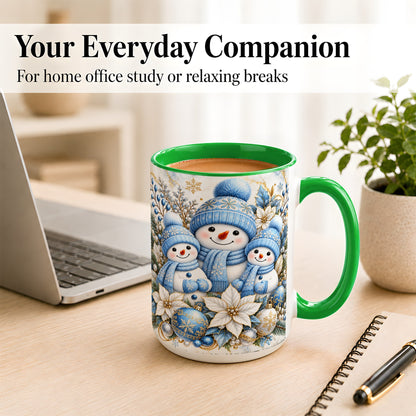 #pl[15oz|Green] Snowman Family Coffee Mug, Blue Gold Winter Snowman Mug, Ceramic Cup