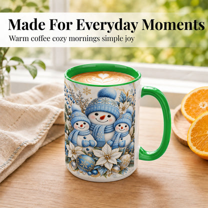 #pl[15oz|Green] Snowman Family Coffee Mug, Blue Gold Winter Snowman Mug, Ceramic Cup