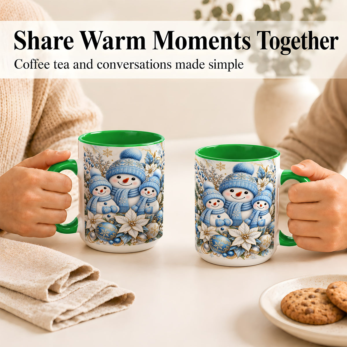 #pl[15oz|Green] Snowman Family Coffee Mug, Blue Gold Winter Snowman Mug, Ceramic Cup