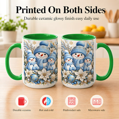#pl[15oz|Green] Snowman Family Coffee Mug, Blue Gold Winter Snowman Mug, Ceramic Cup