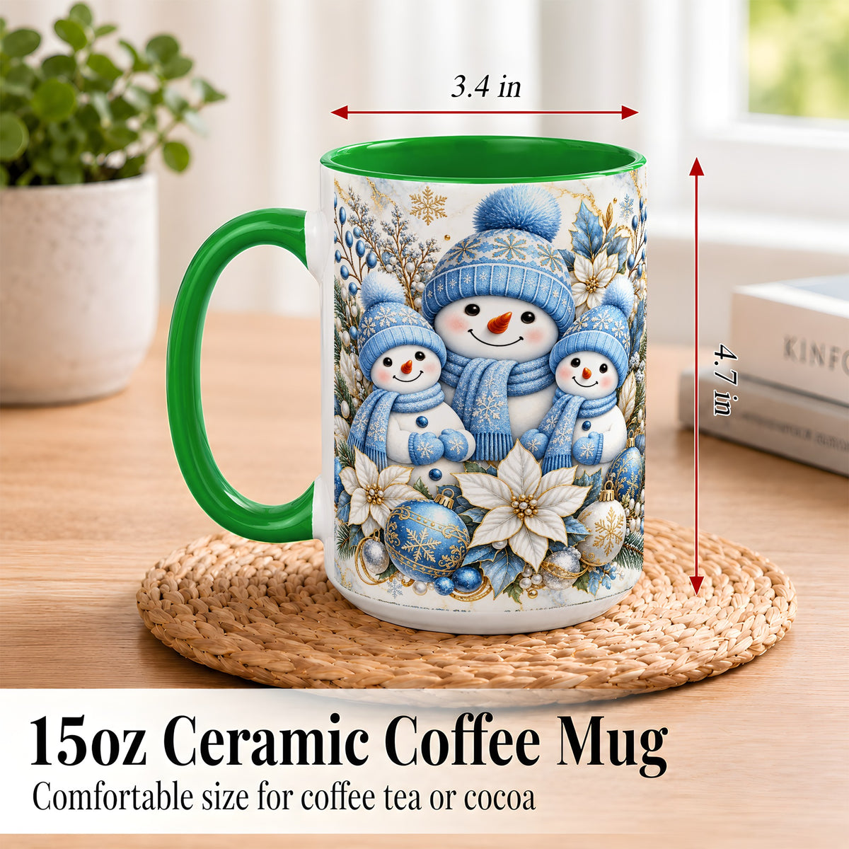#pl[15oz|Green] Snowman Family Coffee Mug, Blue Gold Winter Snowman Mug, Ceramic Cup
