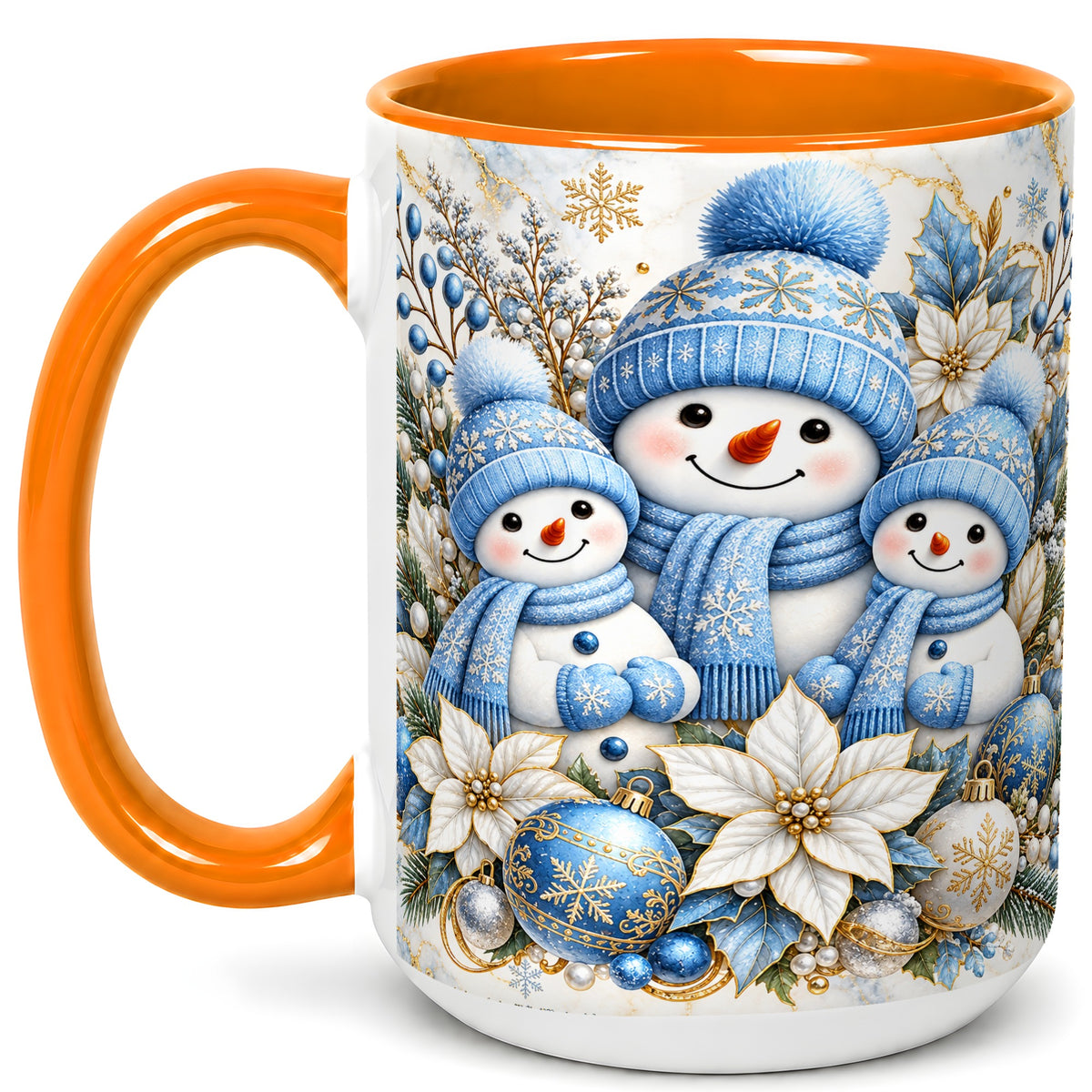 #pl[15oz|Orange] Snowman Family Coffee Mug, Blue Gold Winter Snowman Mug, Ceramic Cup